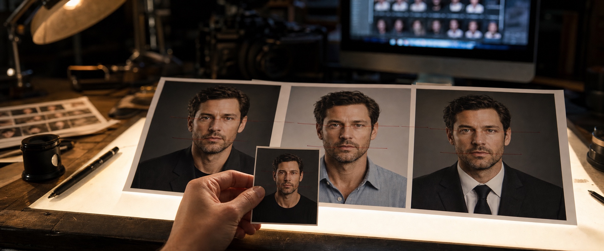 One clear photo, used as a locked reference: the lighting and styling change around the face, the face does not.