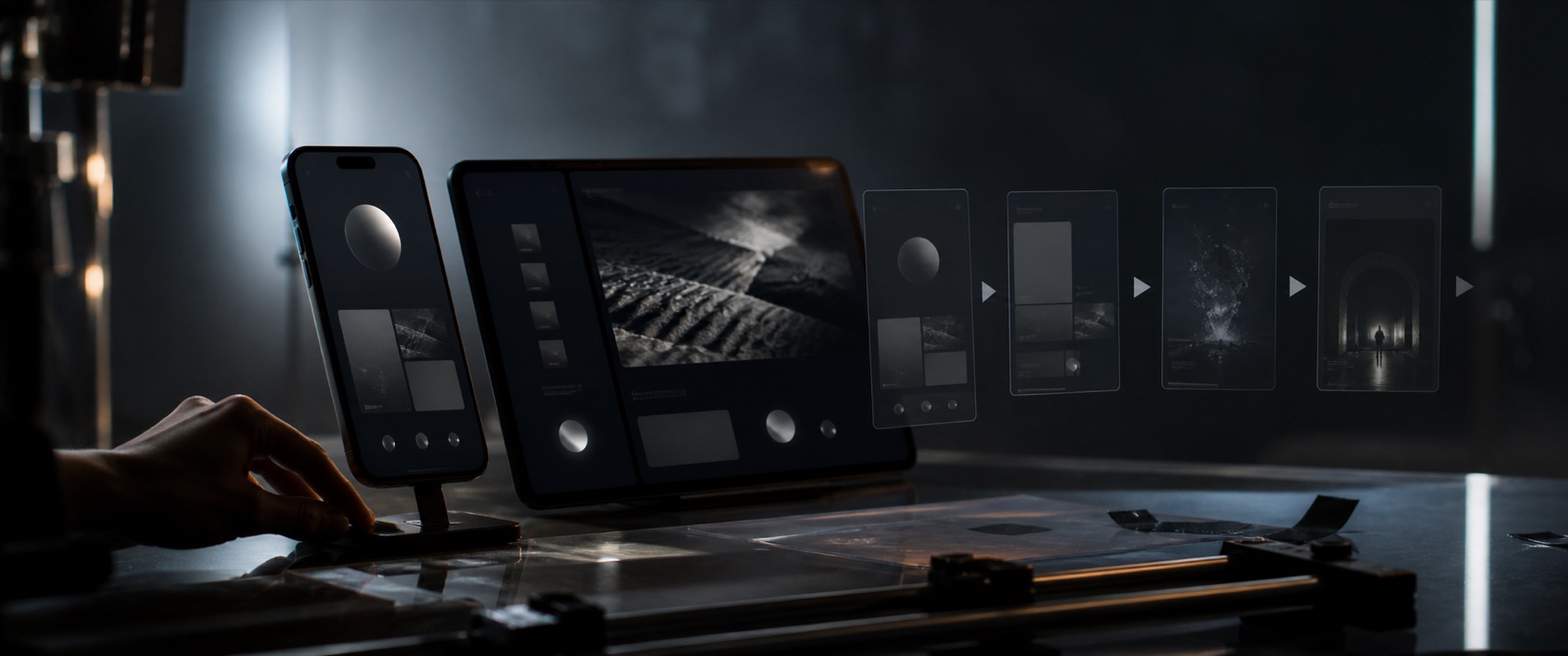 Cinematic app launch studio scene with phones, abstract UI panels, and motion sequence frames