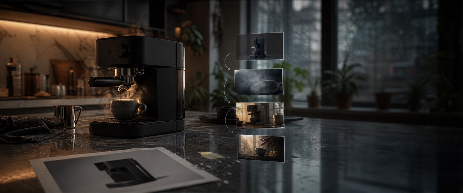 Cinematic e-commerce lifestyle scene with an espresso machine, product photo reference, and motion frame stack