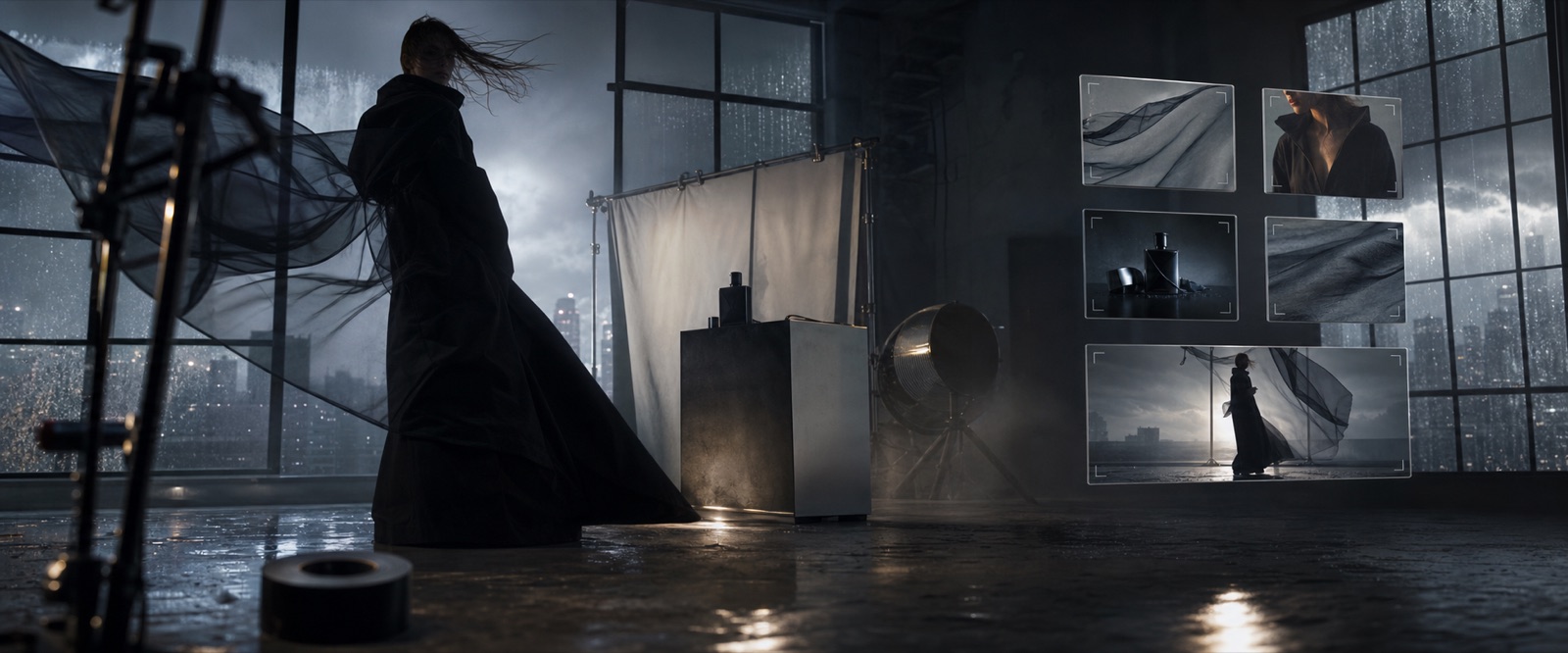 Cinematic fashion campaign studio with a wind-blown coat silhouette and styling reference frames