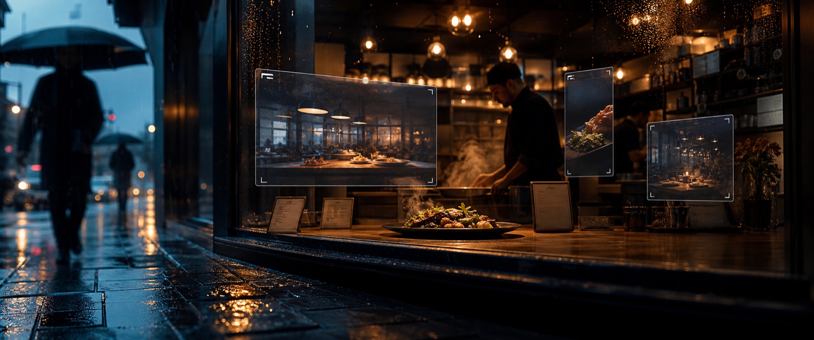 Cinematic rainy restaurant storefront with warm interior light, food steam, and campaign frame overlays