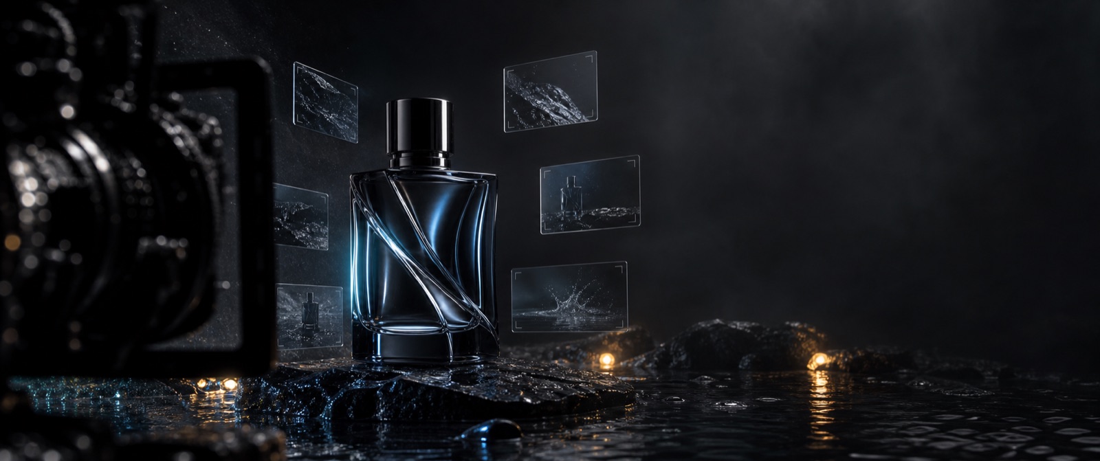 Cinematic product ad concept with a fragrance bottle, wet studio reflections, and floating storyboard frames