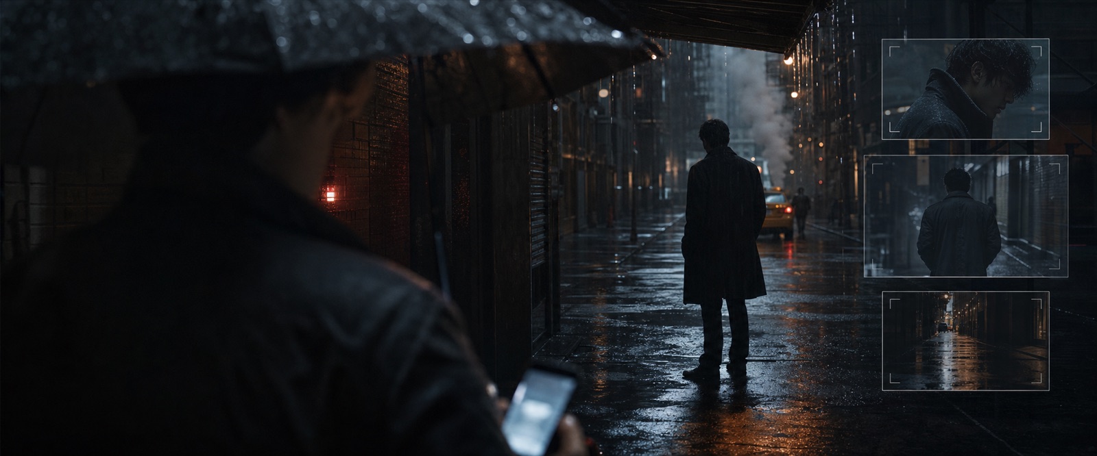 Rainy short-drama alley scene with a silhouetted character and continuity reference frames