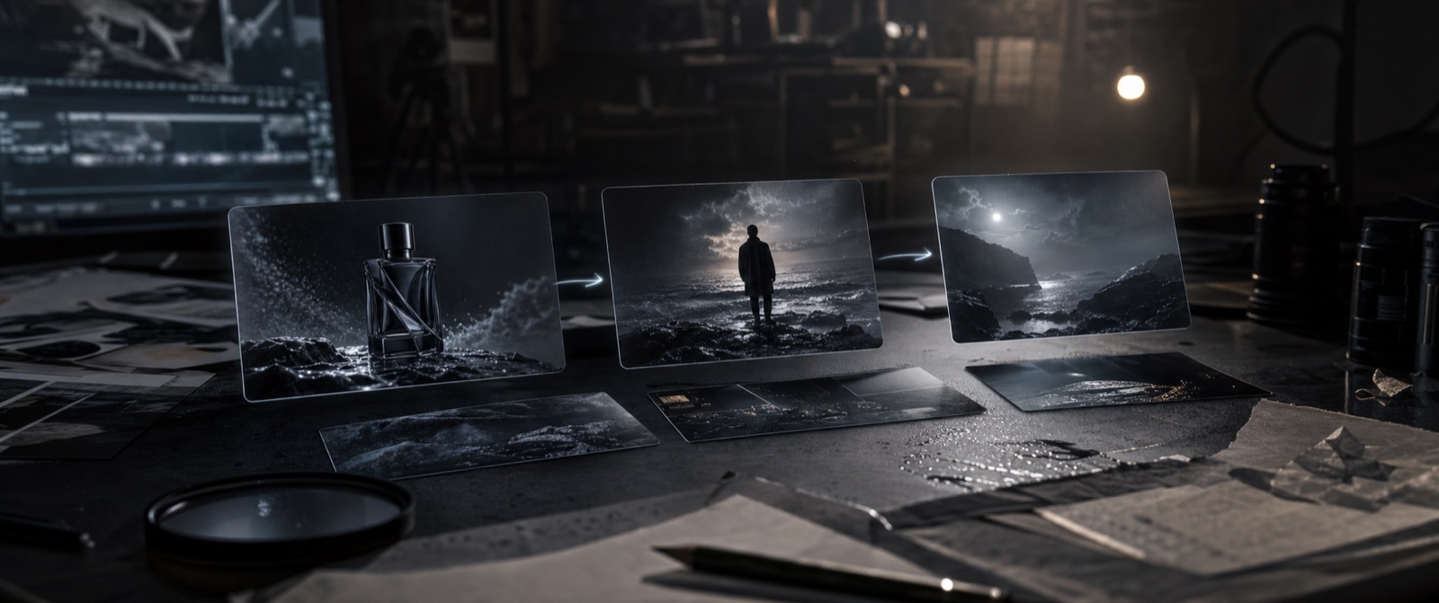 Cinematic previsualization table with floating keyframe cards and film planning materials