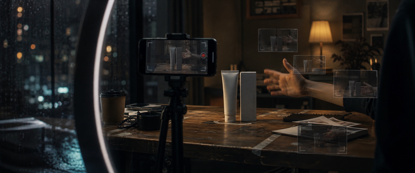 Cinematic creator desk setup with a phone on tripod, product props, and ghosted ad-take frames